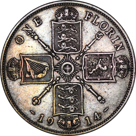 1914 King George V British Silver Florin Coin - VF - SPINK 4012