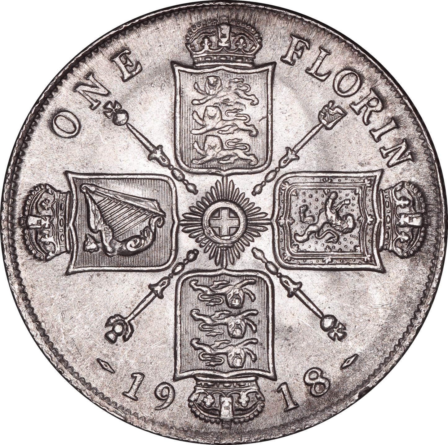1918 King George V British Silver Florin Coin - EF - S.4012