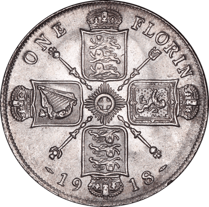 1918 King George V British Silver Florin Coin - EF - S.4012